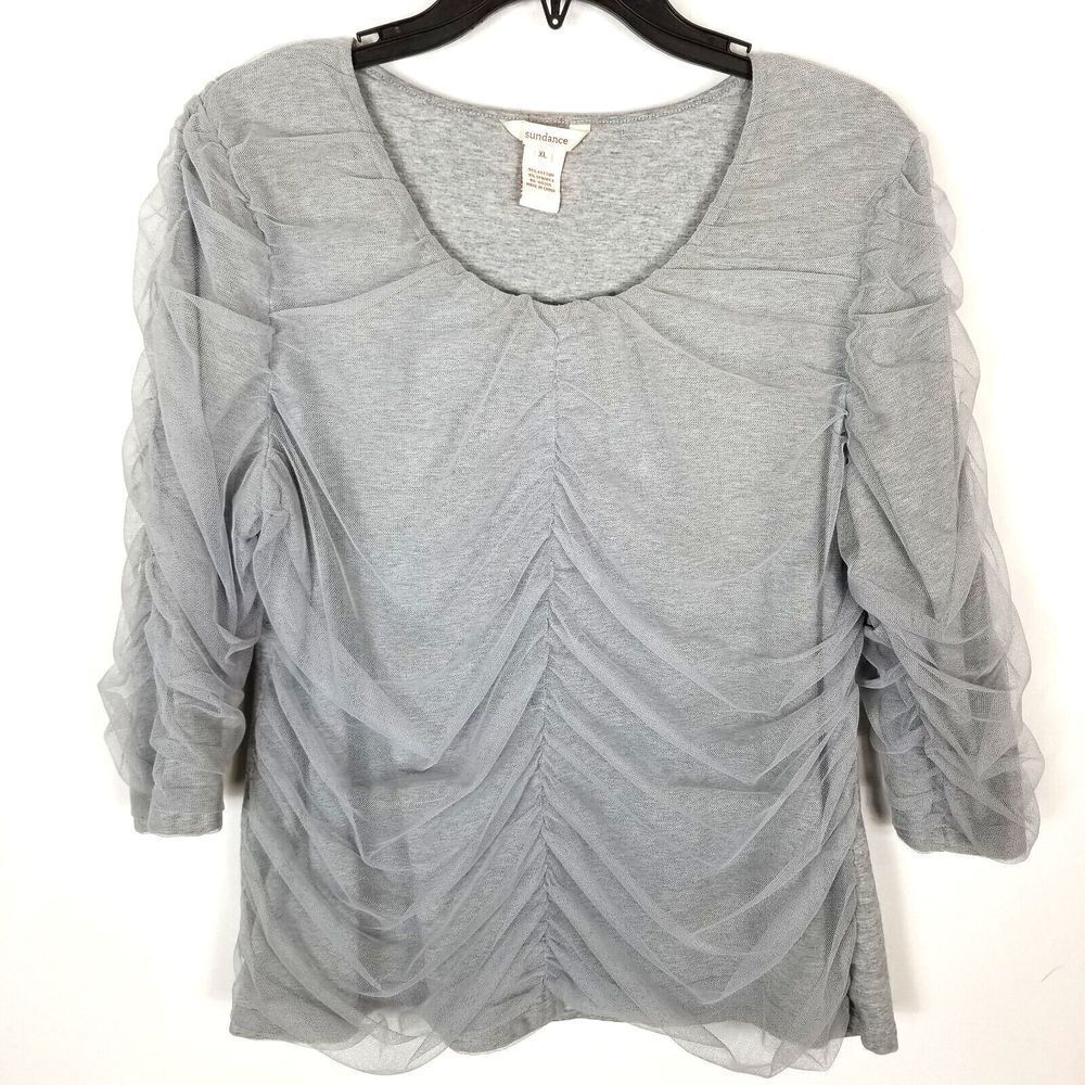 Sundance Women Rosalind Mesh Ruched Long Sleeve Top Size XL Gray 3/4 Sleeve